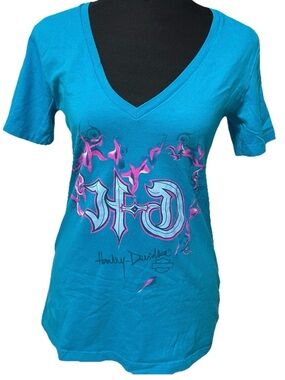 Harley-Davidson Biker Tee Women Teal Blue Pink Flames Heart V-Neck Shirt sz L